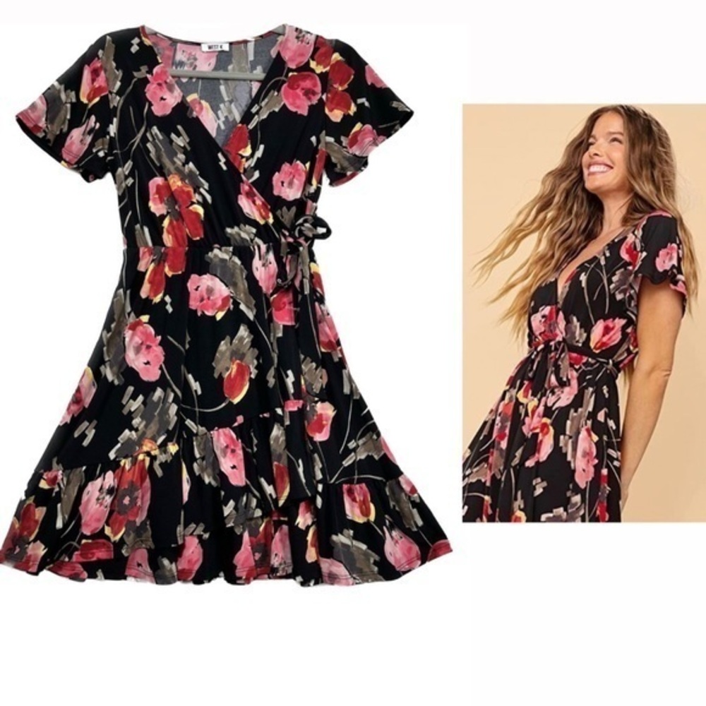 West K Floral Faux Wrap Flutter Sleeve Side Tie Tier Hem V Neck Black Mini Dress